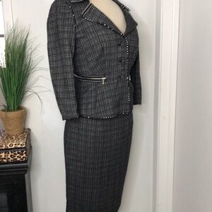 Kay Unger Tweed Skirt Suit Black White Moto Accent Size 10